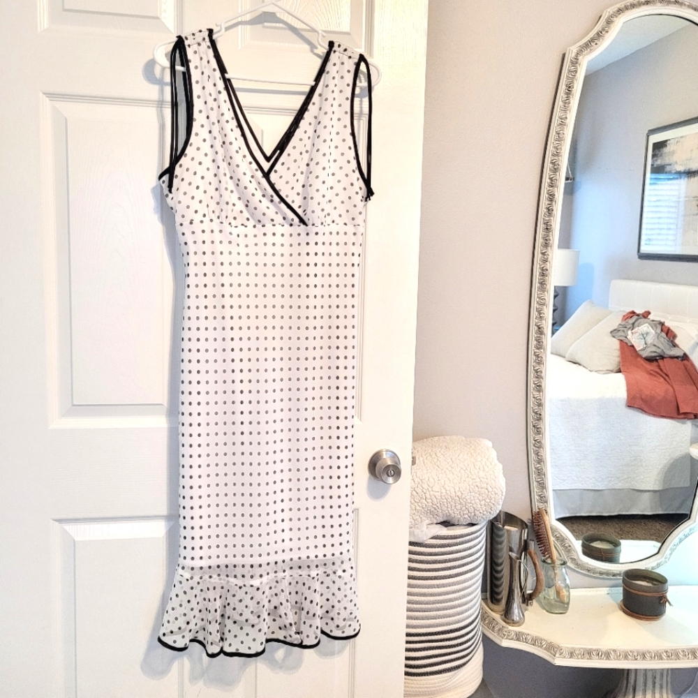 Studio Y retro pinup ruffle polka dot high waist pencil midi dress size Fits 10
